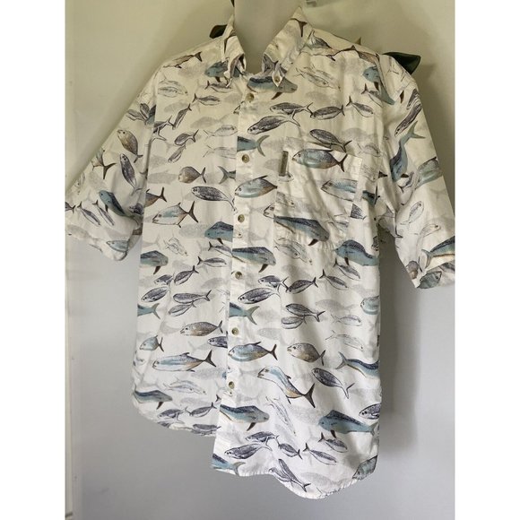 Columbia Men's Fish Print Button Up Shirt XL Vintage Pocket Logo 100% Cotton EUC - Picture 15 of 16